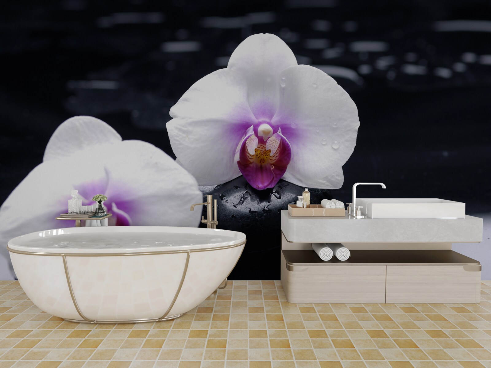 Fotobehang Sneeuwwitte orchidee op zwarte blokken