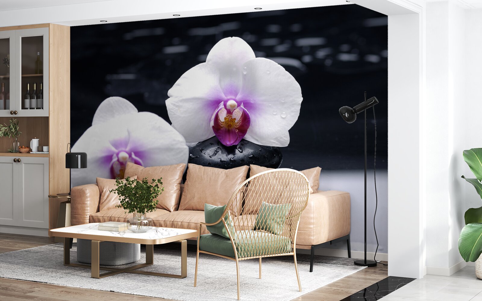 Fotobehang Sneeuwwitte orchidee op zwarte blokken