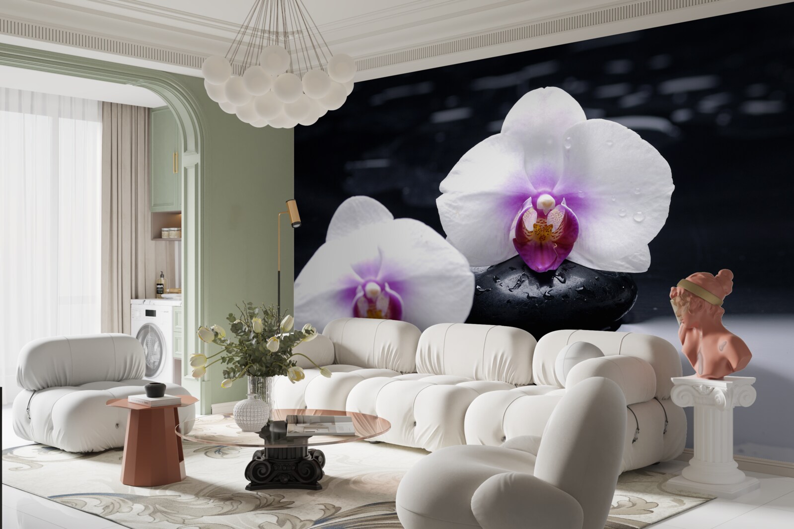 Fotobehang Sneeuwwitte orchidee op zwarte blokken