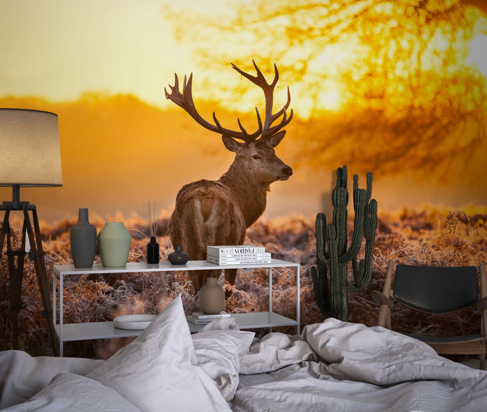 Fotobehang een elegant hert begeleidt de dageraad op een uitgestrekt veld