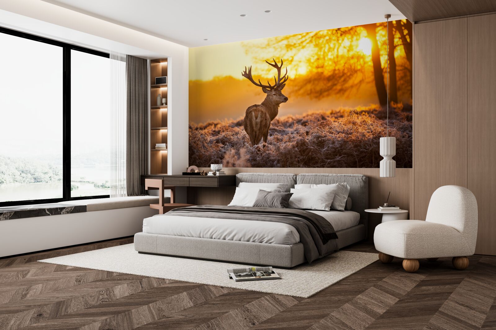 Fotobehang een elegant hert begeleidt de dageraad op een uitgestrekt veld