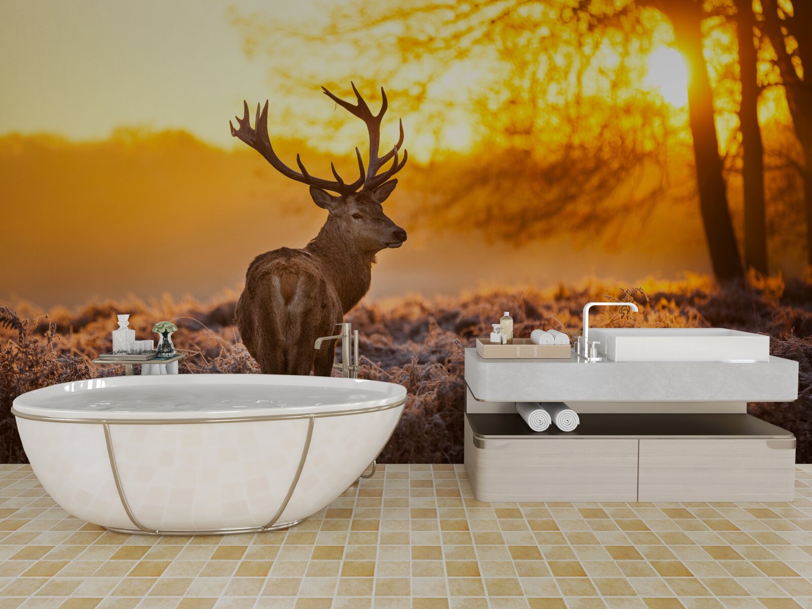 Fotobehang een elegant hert begeleidt de dageraad op een uitgestrekt veld