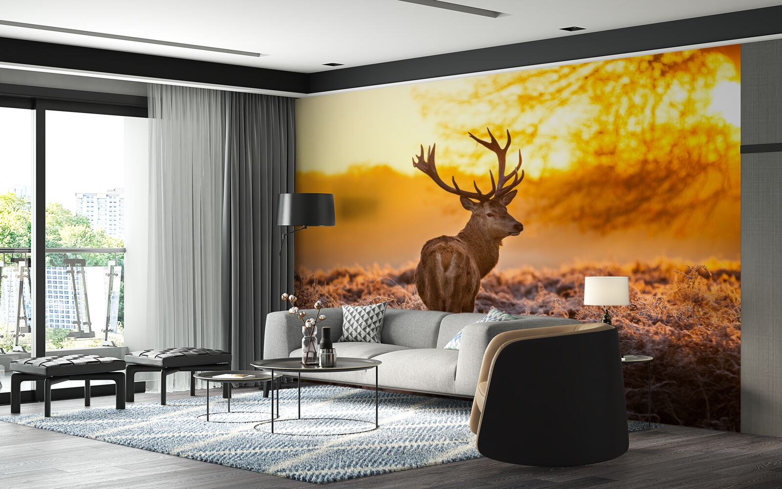 Fotobehang een elegant hert begeleidt de dageraad op een uitgestrekt veld