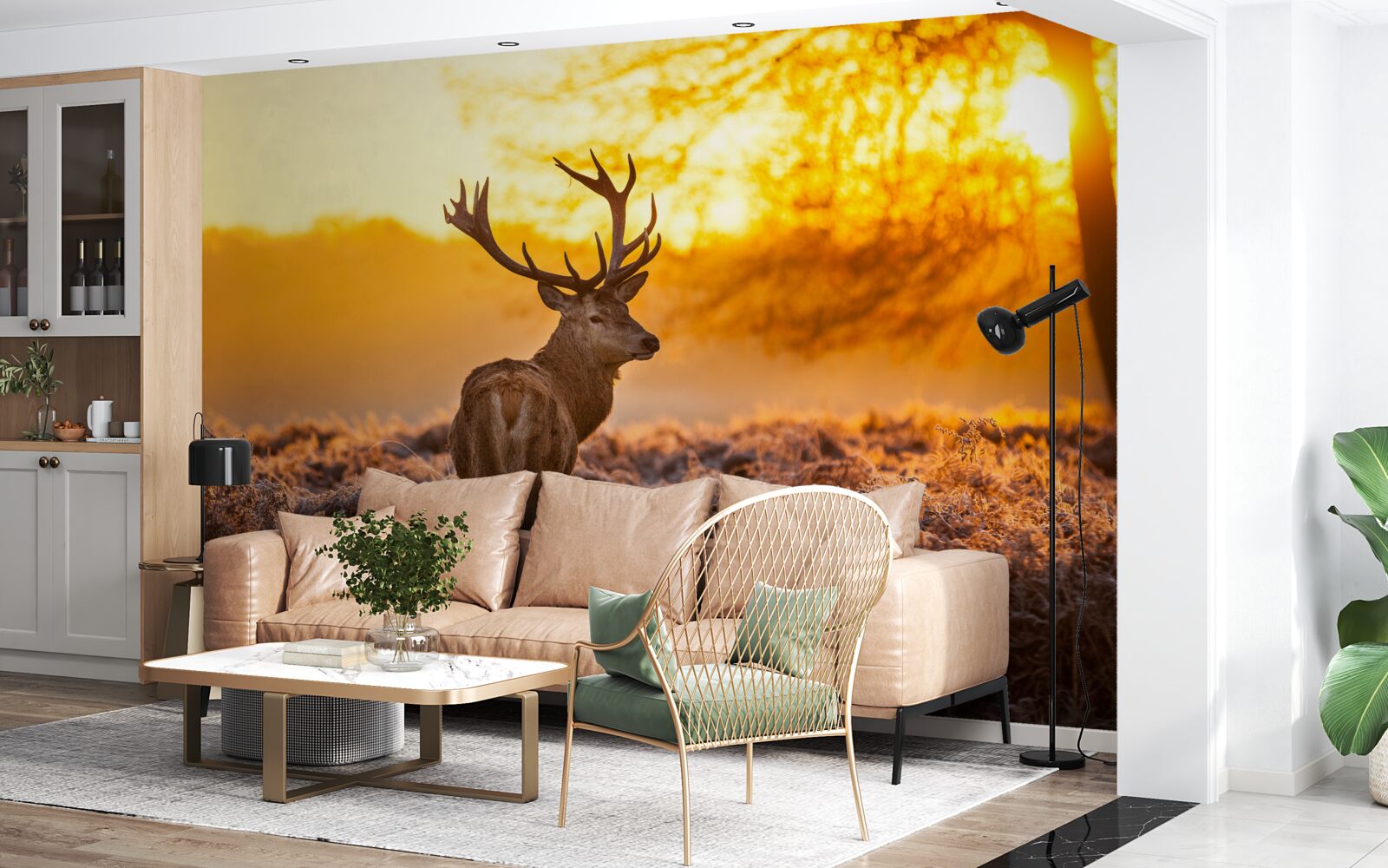 Fotobehang een elegant hert begeleidt de dageraad op een uitgestrekt veld