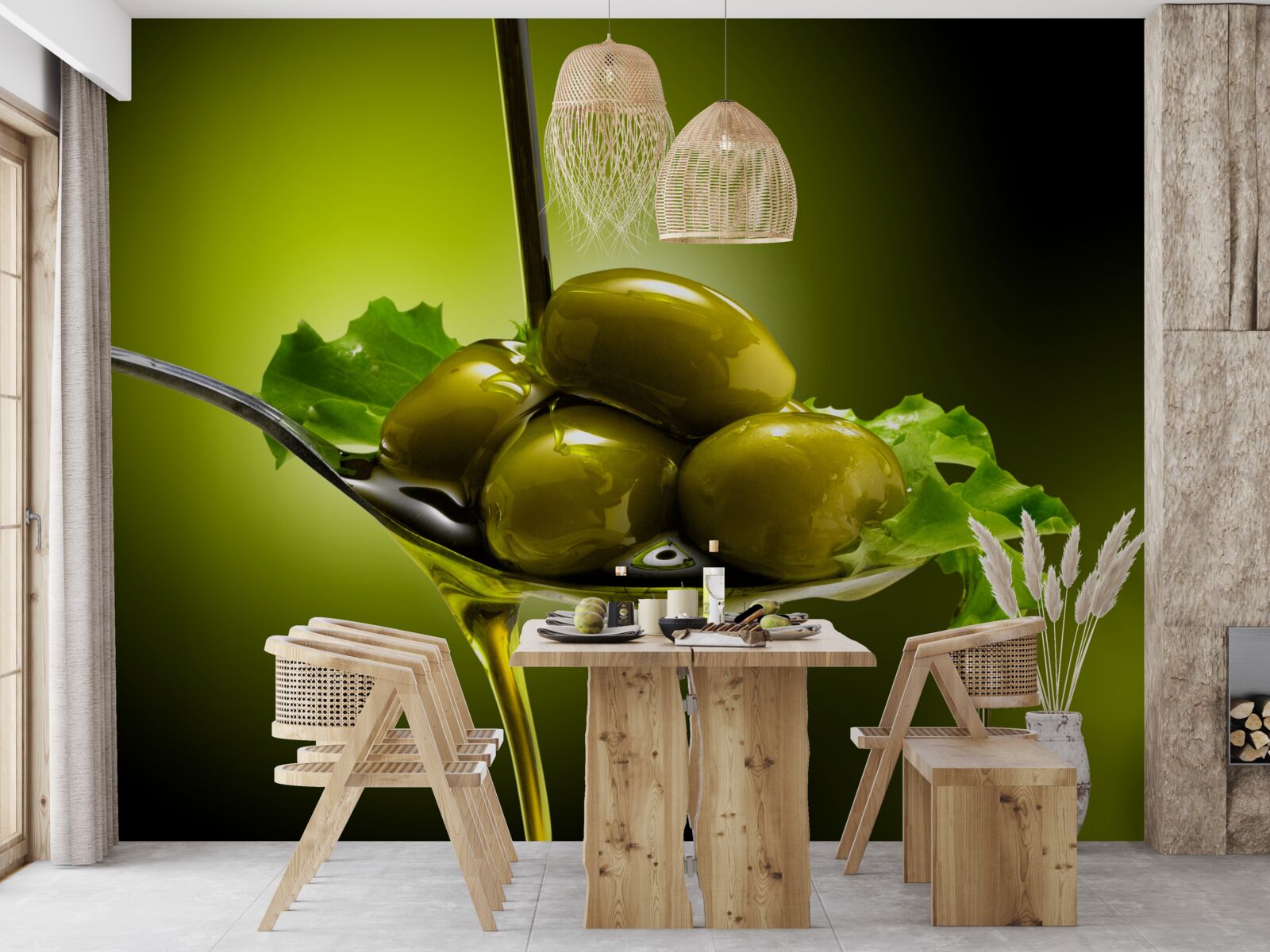 Fotobehang groene olijven op een lepel