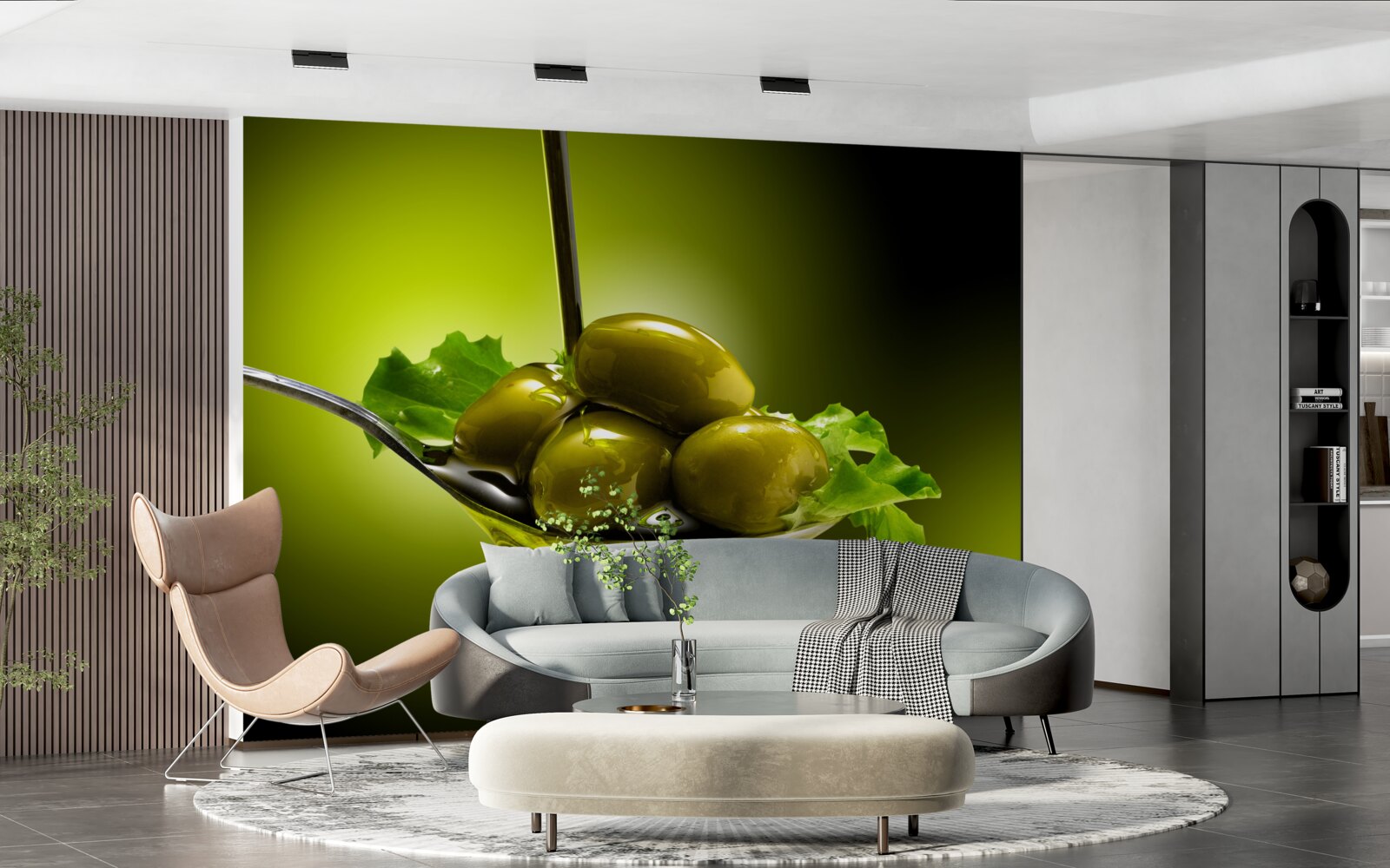 Fotobehang groene olijven op een lepel