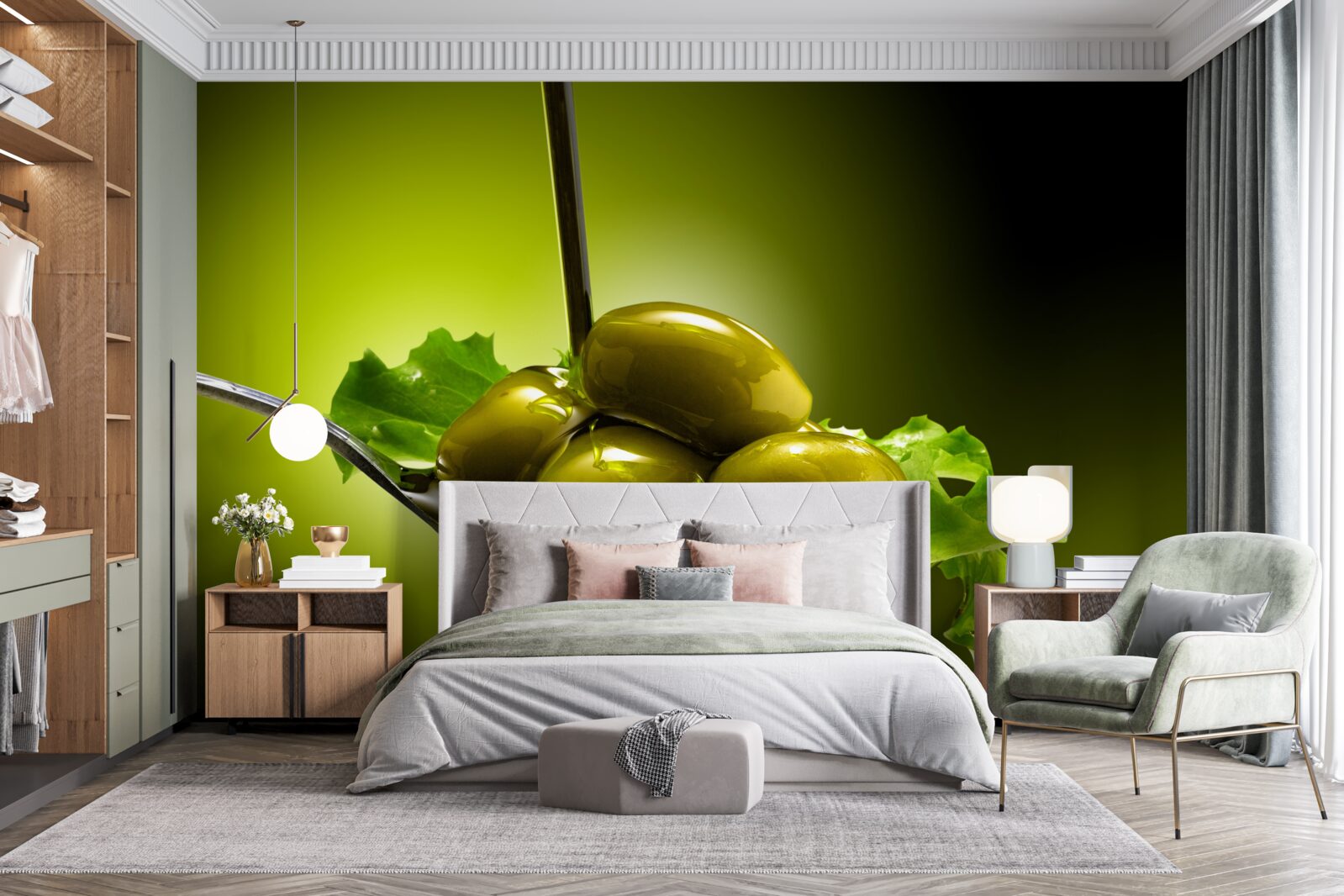 Fotobehang groene olijven op een lepel