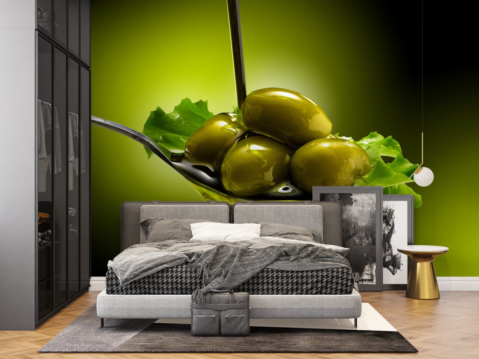 Fotobehang groene olijven op een lepel