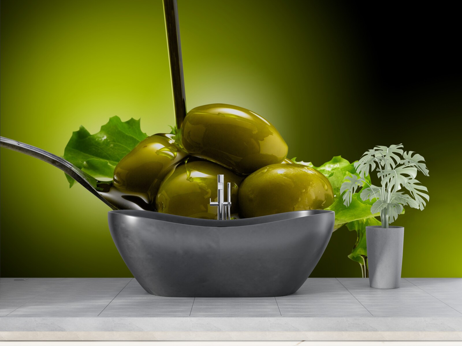 Fotobehang groene olijven op een lepel