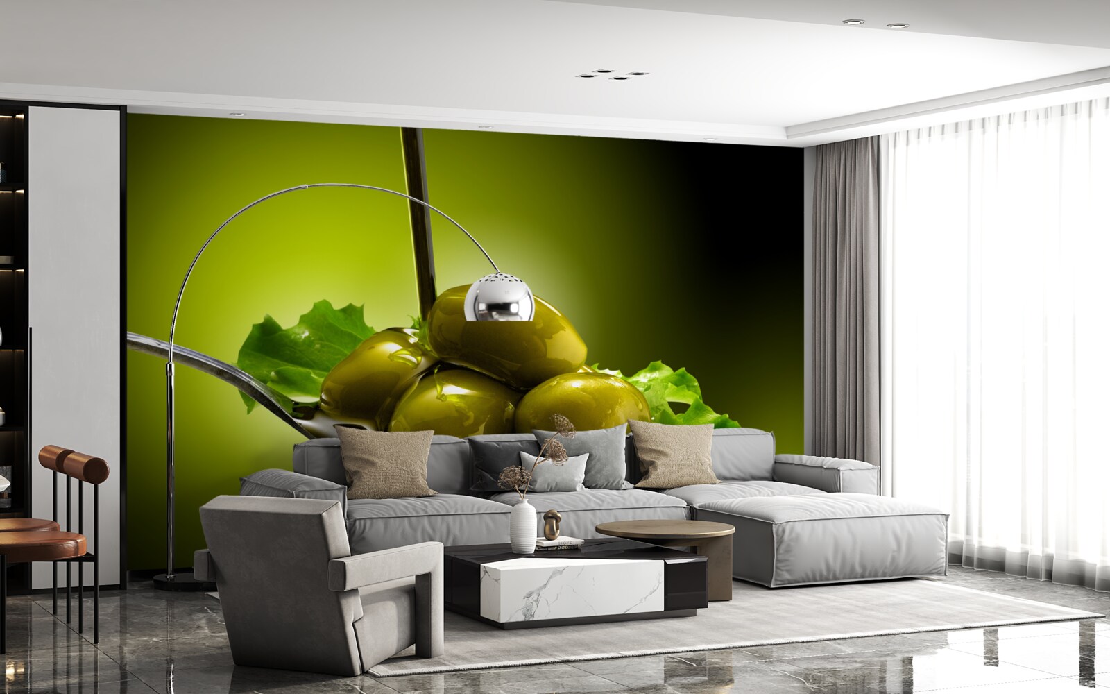 Fotobehang groene olijven op een lepel