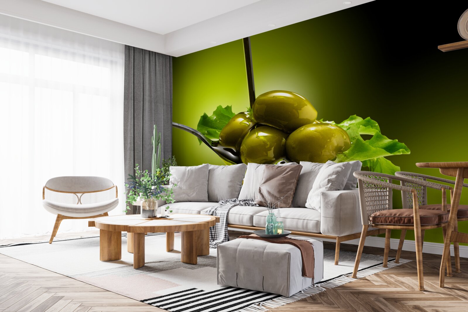 Fotobehang groene olijven op een lepel