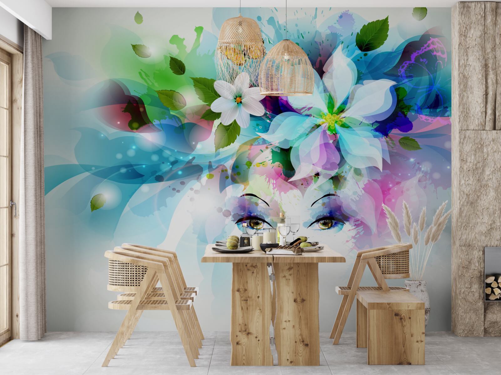 Fotobehang meisje met bloemen in het haar, stelt abstractie voor