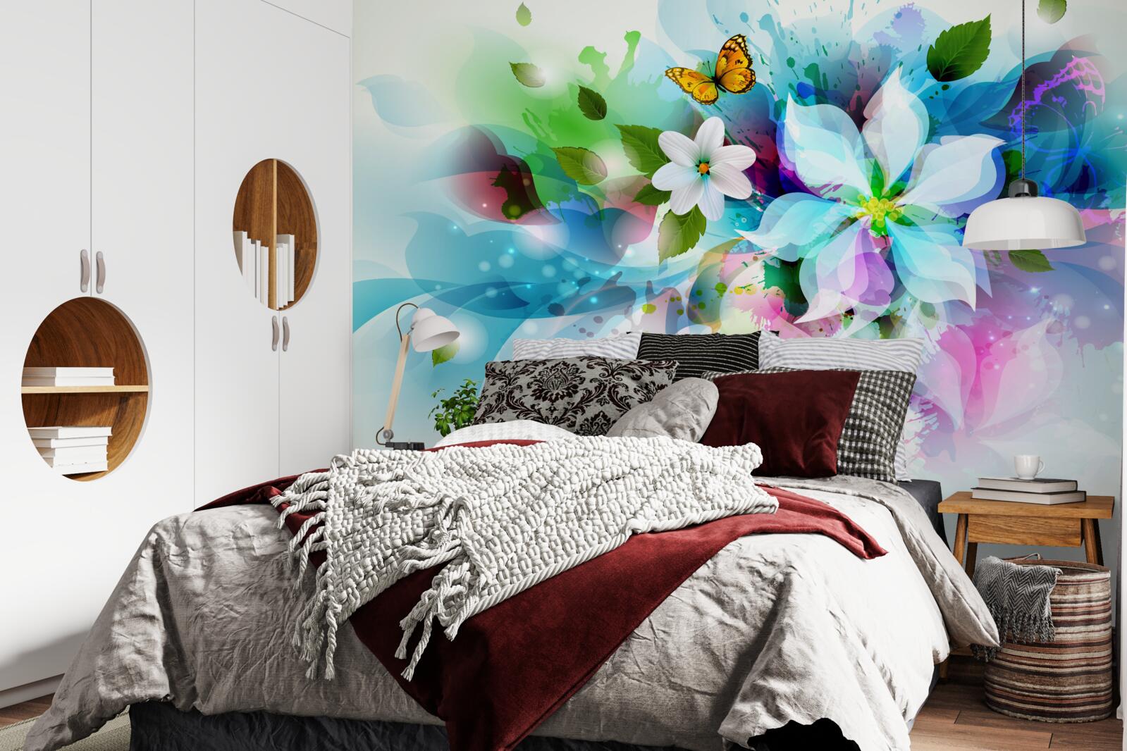 Fotobehang meisje met bloemen in het haar, stelt abstractie voor