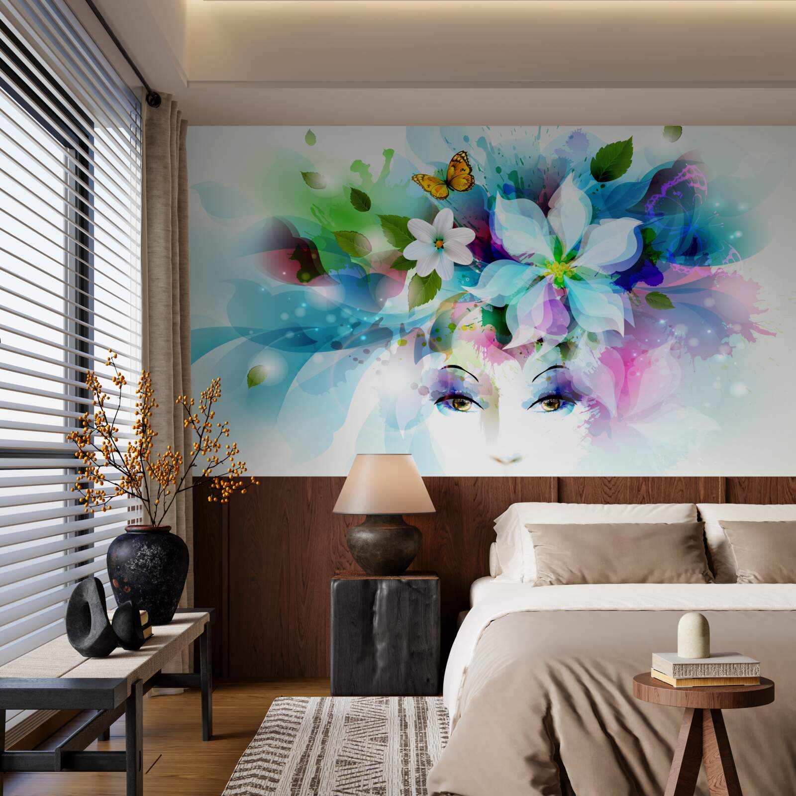 Fotobehang meisje met bloemen in het haar, stelt abstractie voor