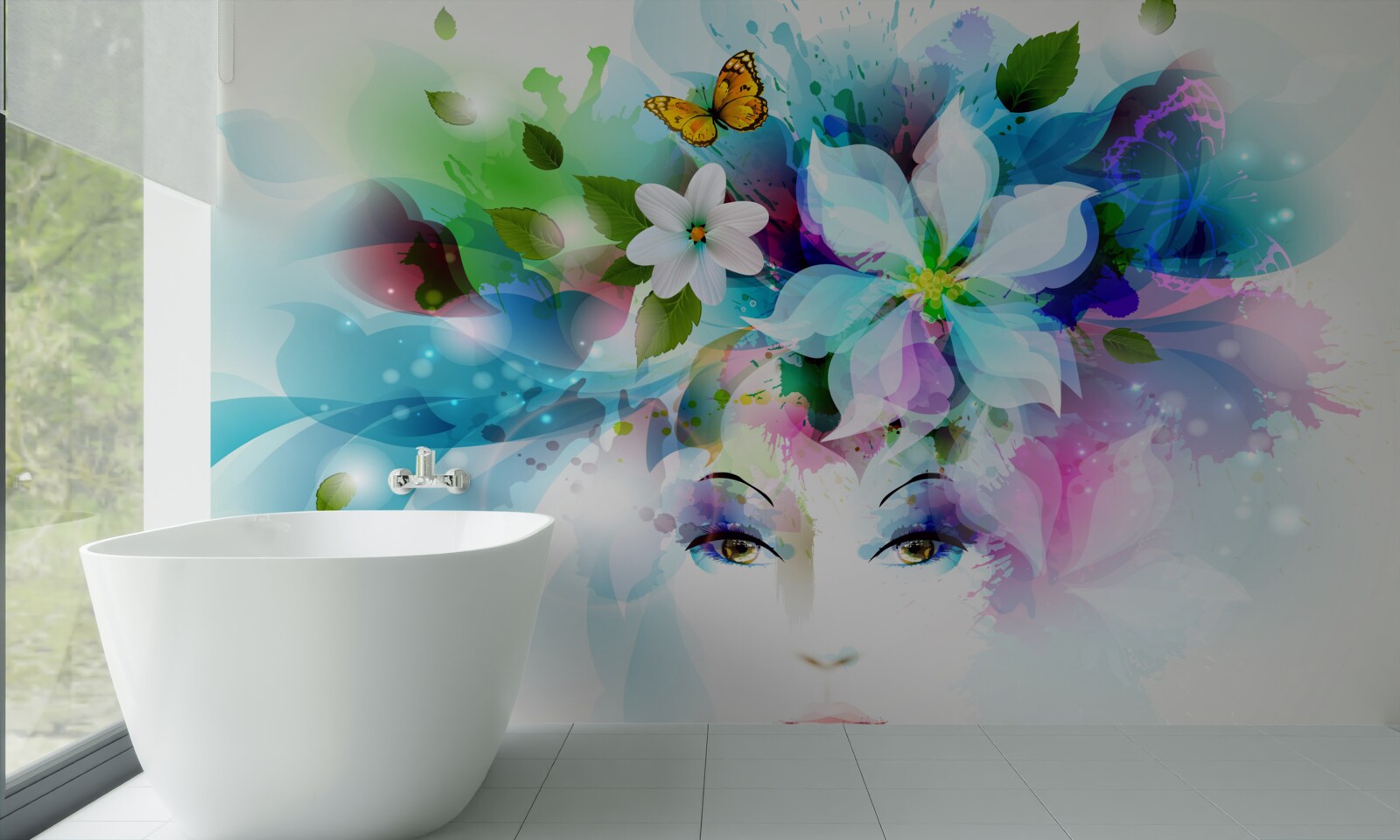 Fotobehang meisje met bloemen in het haar, stelt abstractie voor