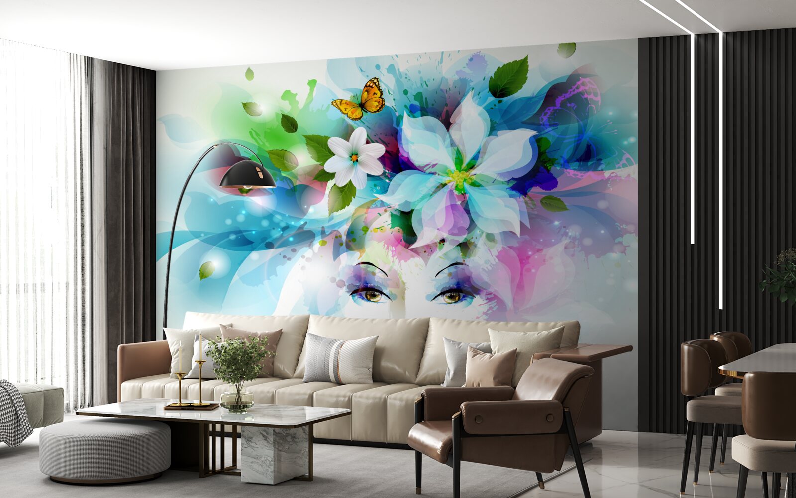 Fotobehang meisje met bloemen in het haar, stelt abstractie voor