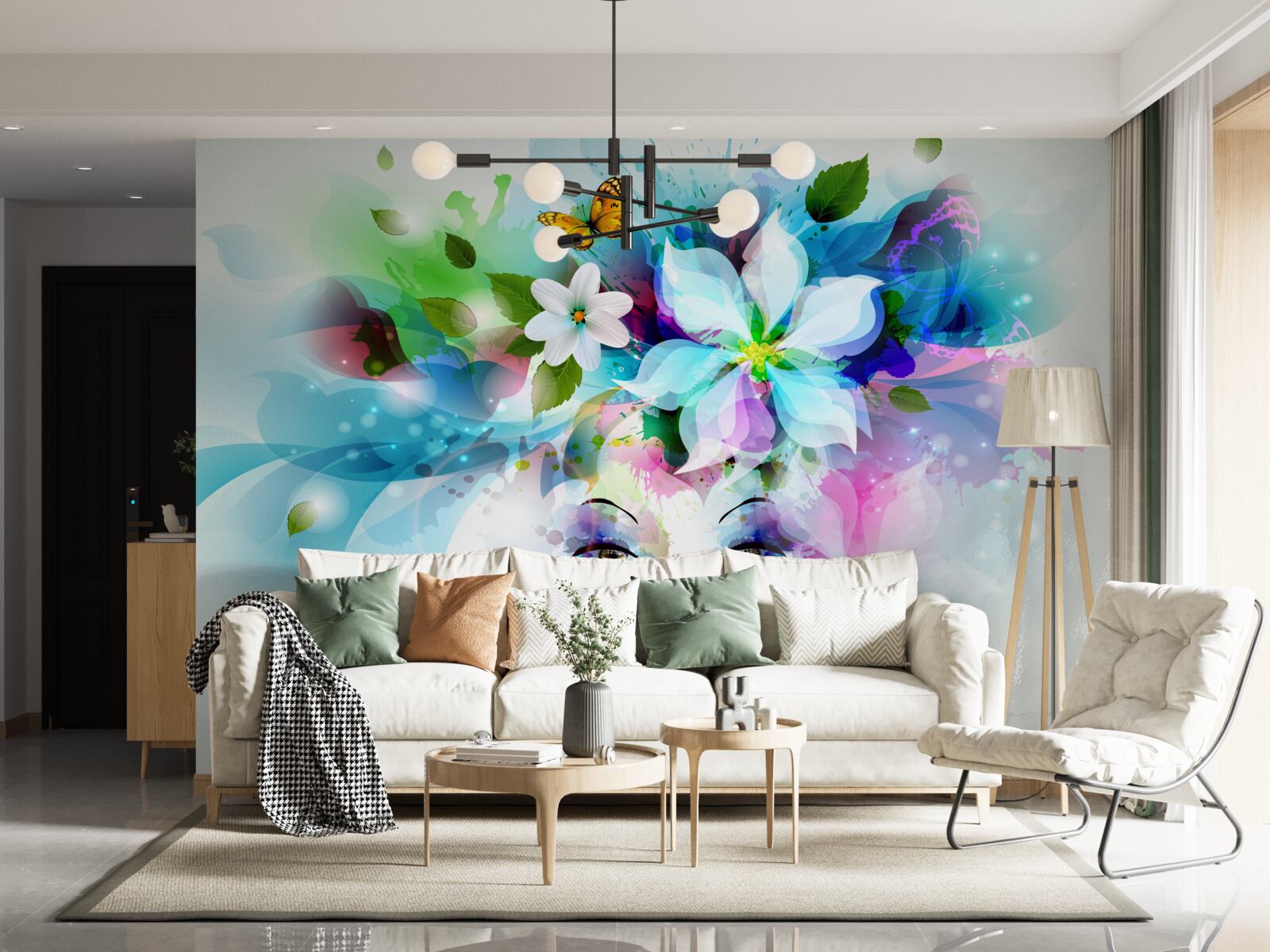 Fotobehang meisje met bloemen in het haar, stelt abstractie voor