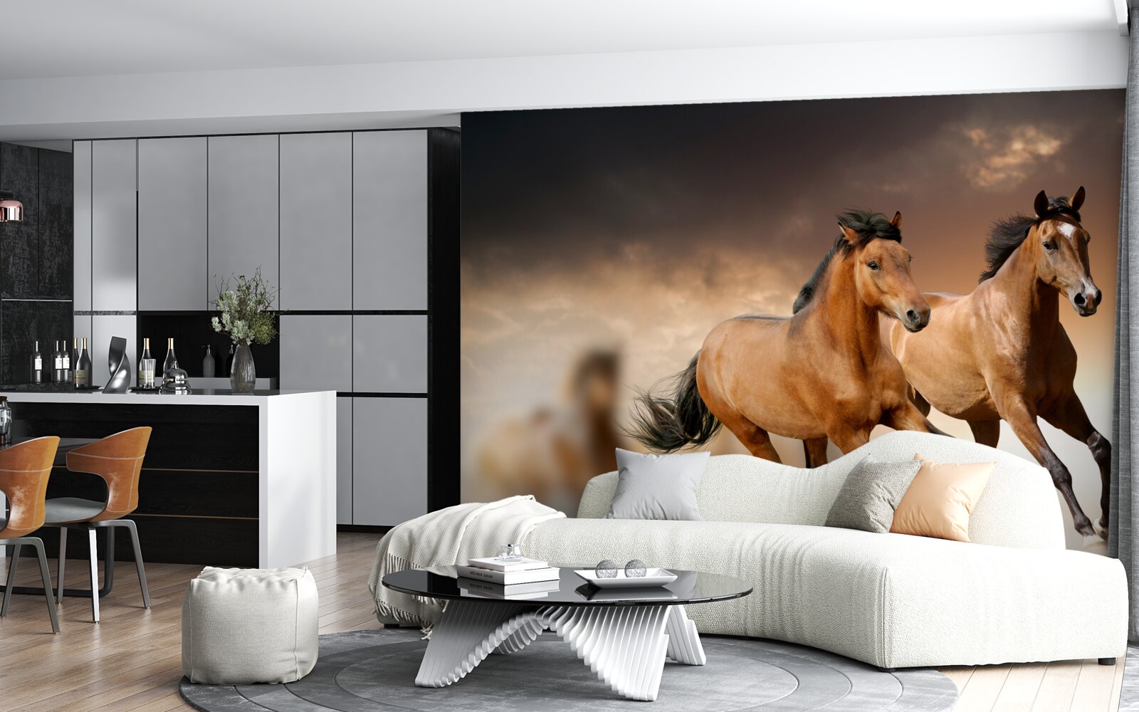 Fotobehang twee bruine paarden rennen elkaar voorbij