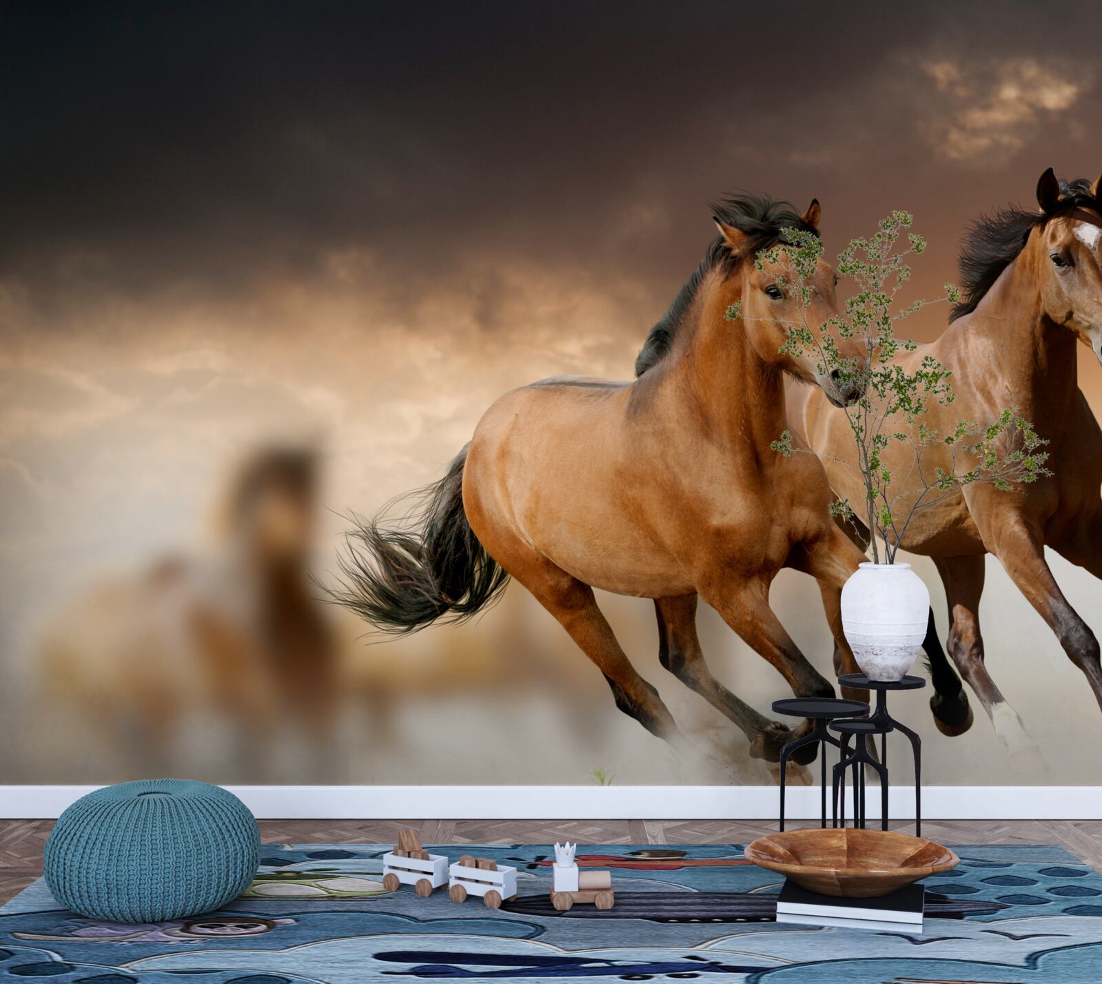 Fotobehang twee bruine paarden rennen elkaar voorbij