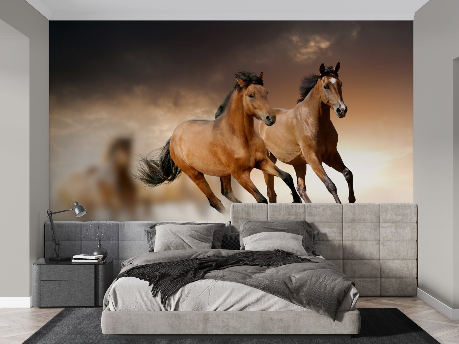 Fotobehang twee bruine paarden rennen elkaar voorbij