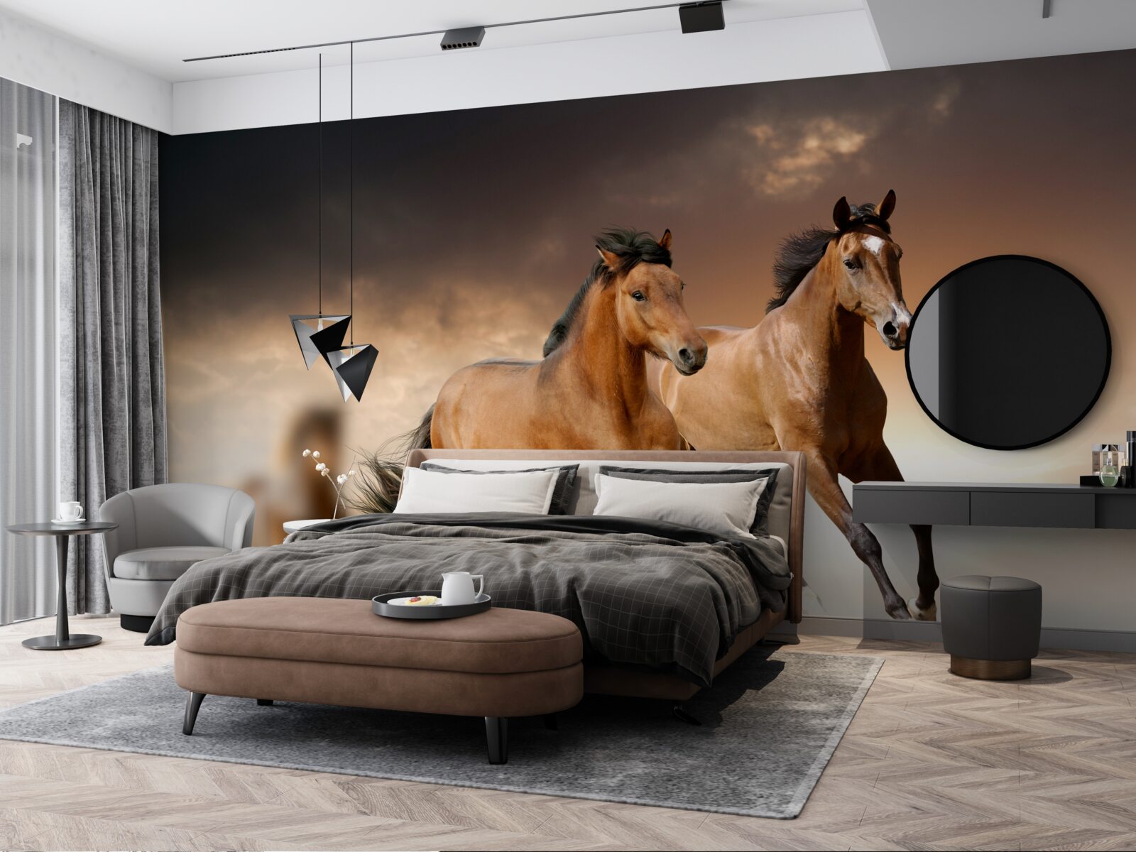 Fotobehang twee bruine paarden rennen elkaar voorbij