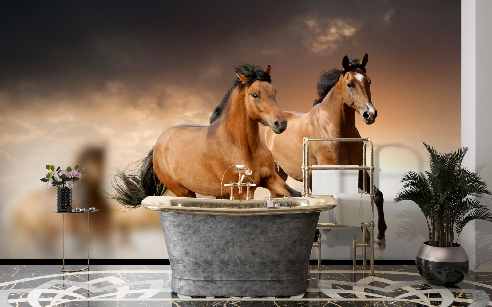 Fotobehang twee bruine paarden rennen elkaar voorbij