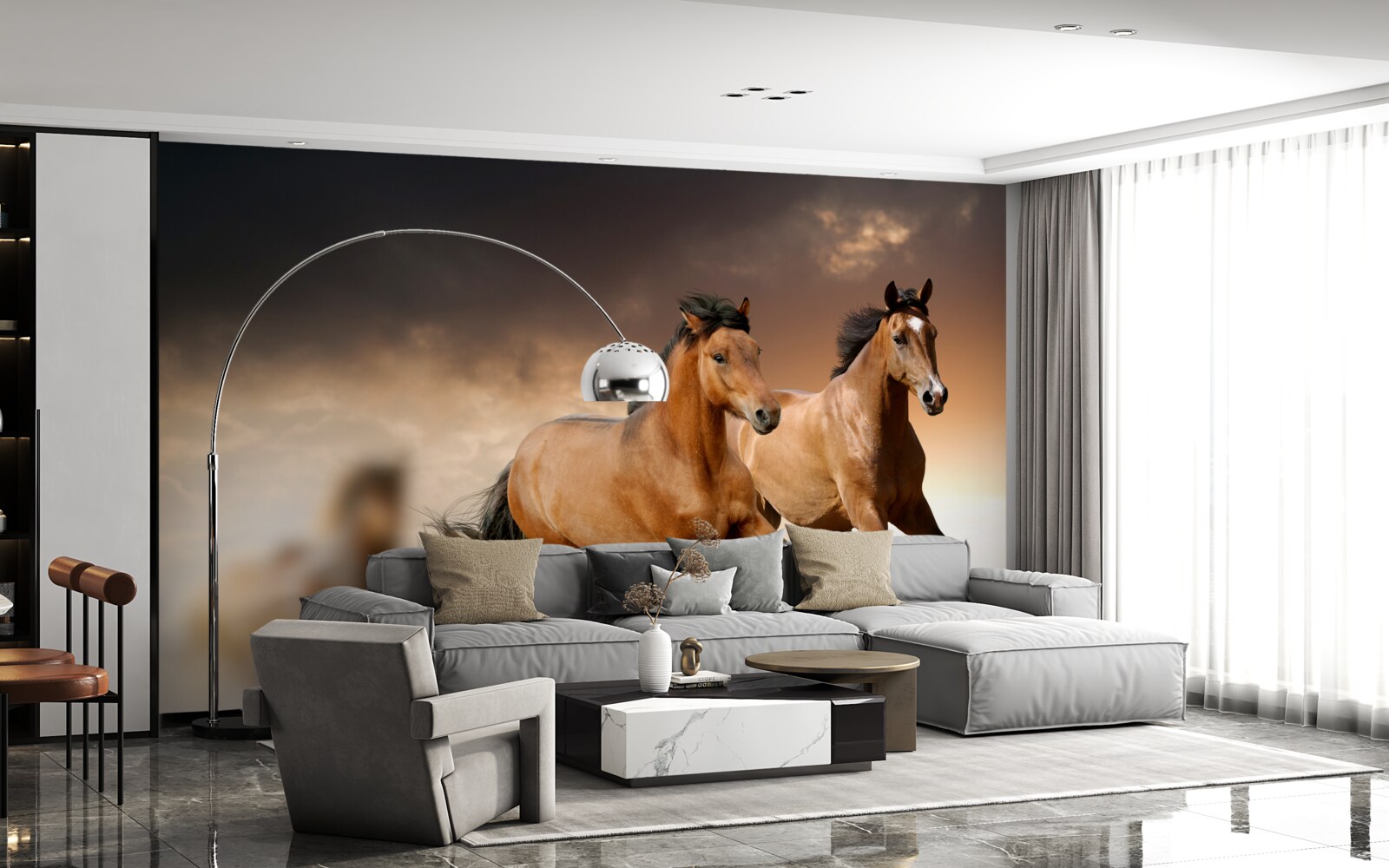 Fotobehang twee bruine paarden rennen elkaar voorbij