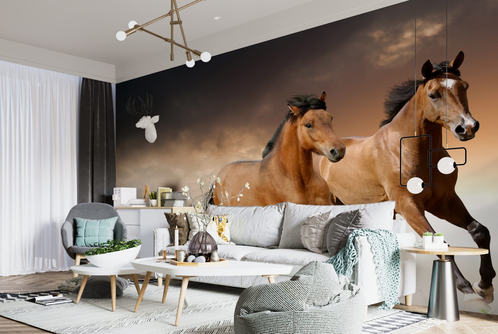 Fotobehang twee bruine paarden rennen elkaar voorbij