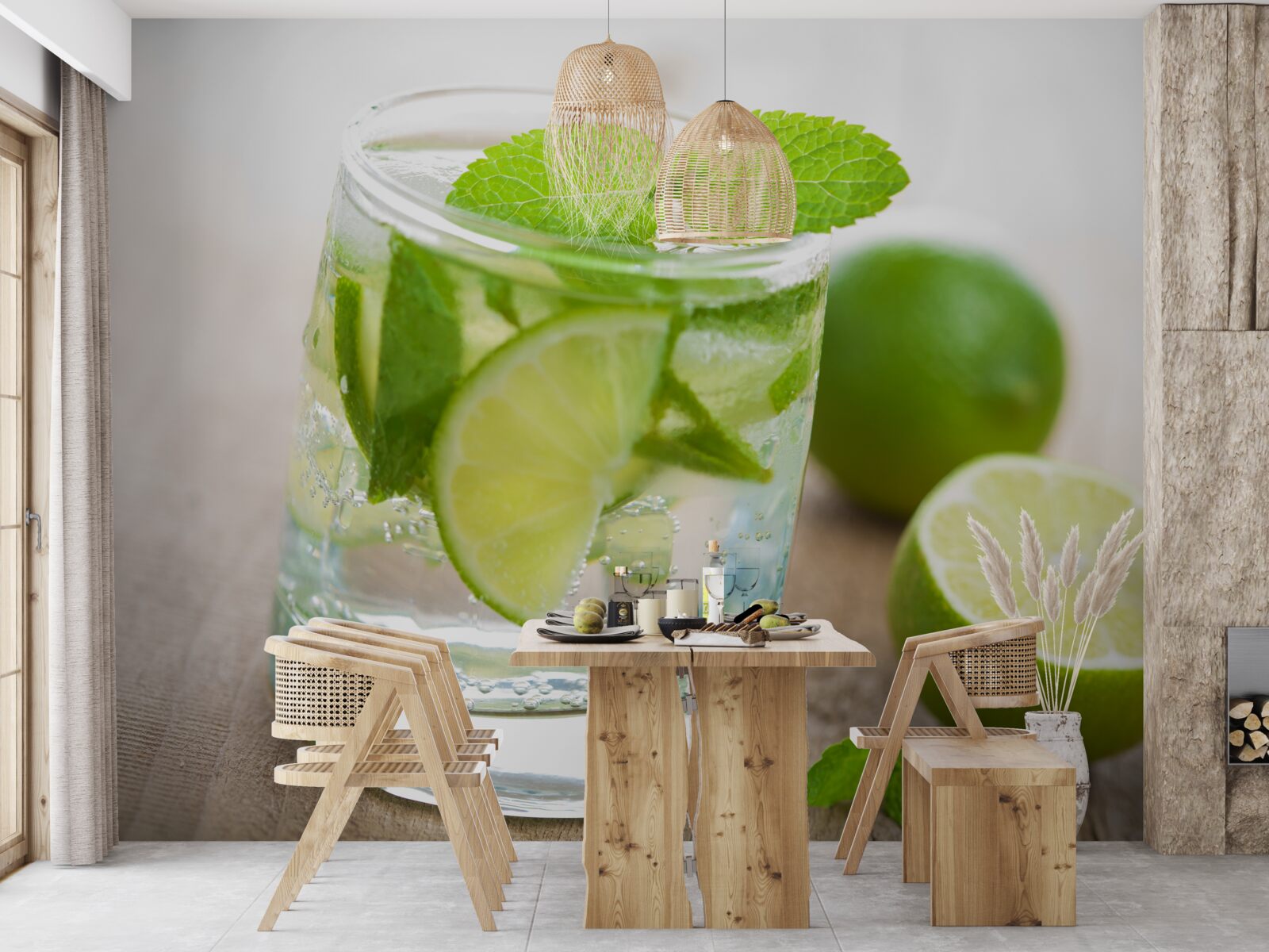 Fotobehang glas water met limoen en munt