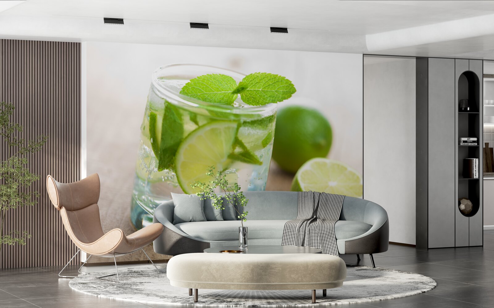 Fotobehang glas water met limoen en munt