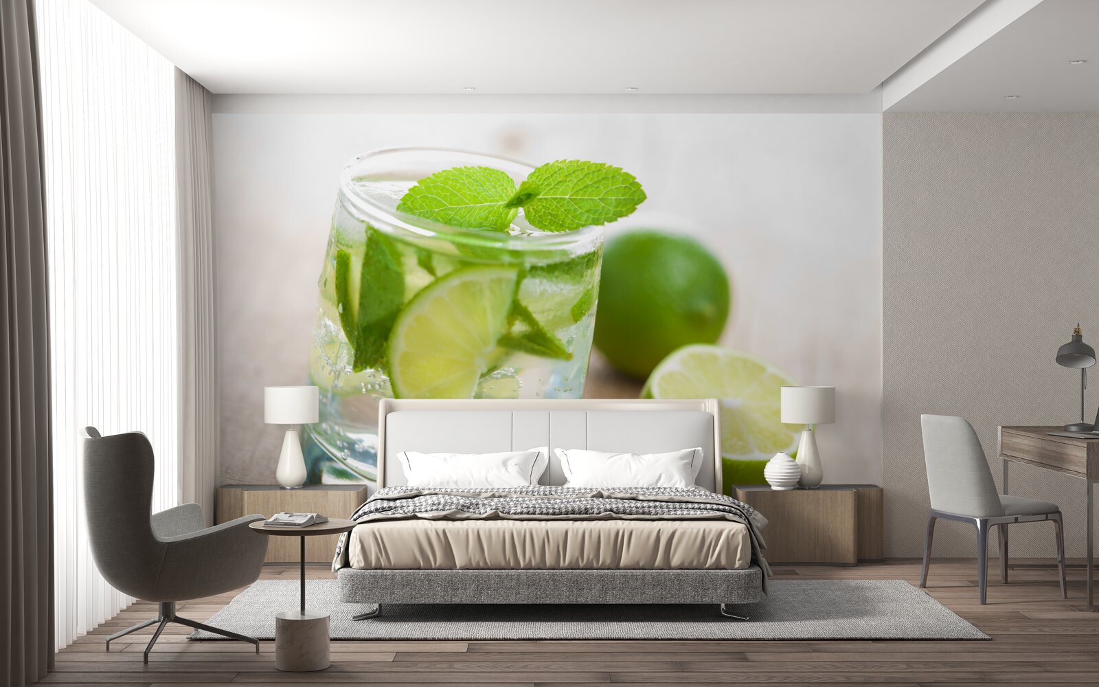 Fotobehang glas water met limoen en munt