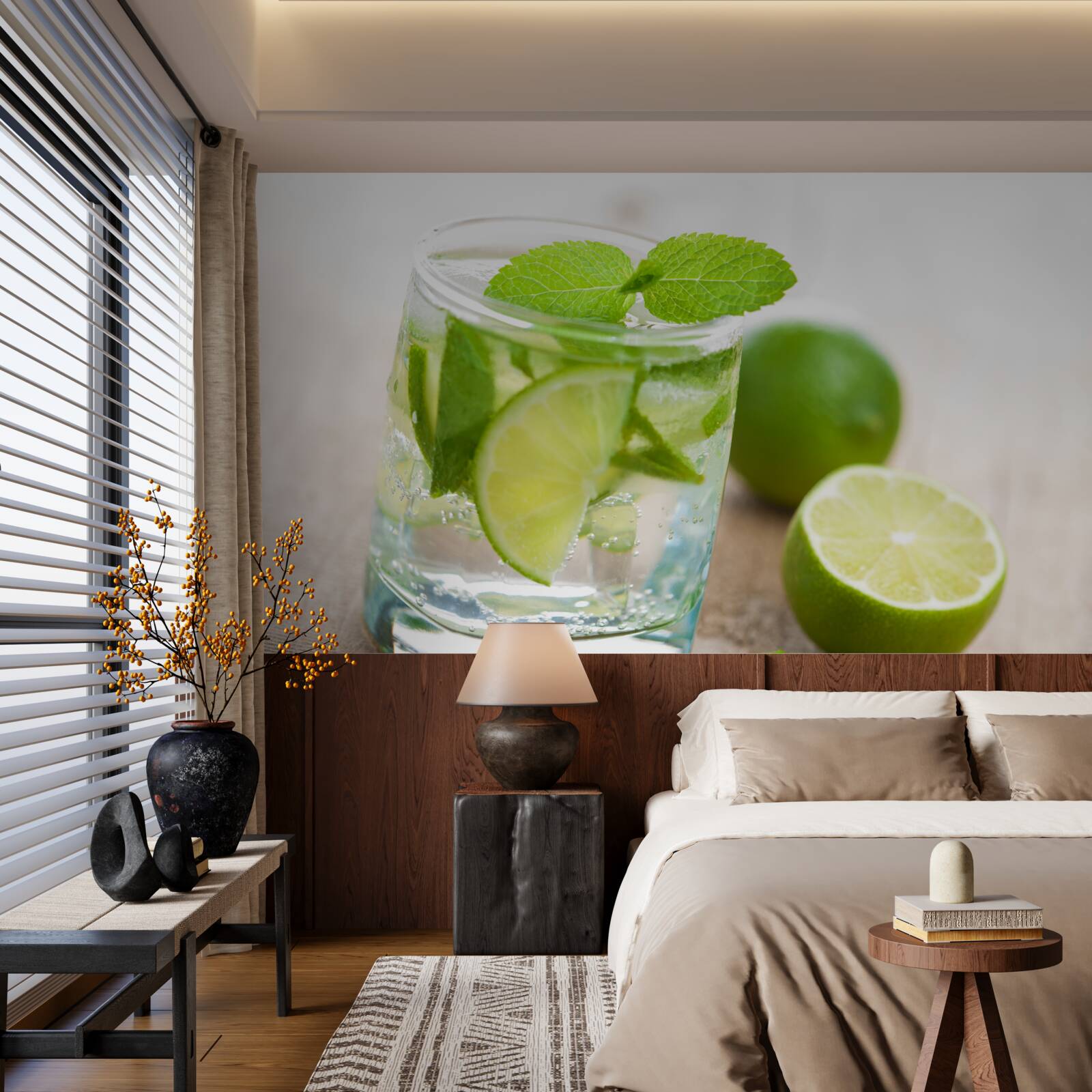 Fotobehang glas water met limoen en munt