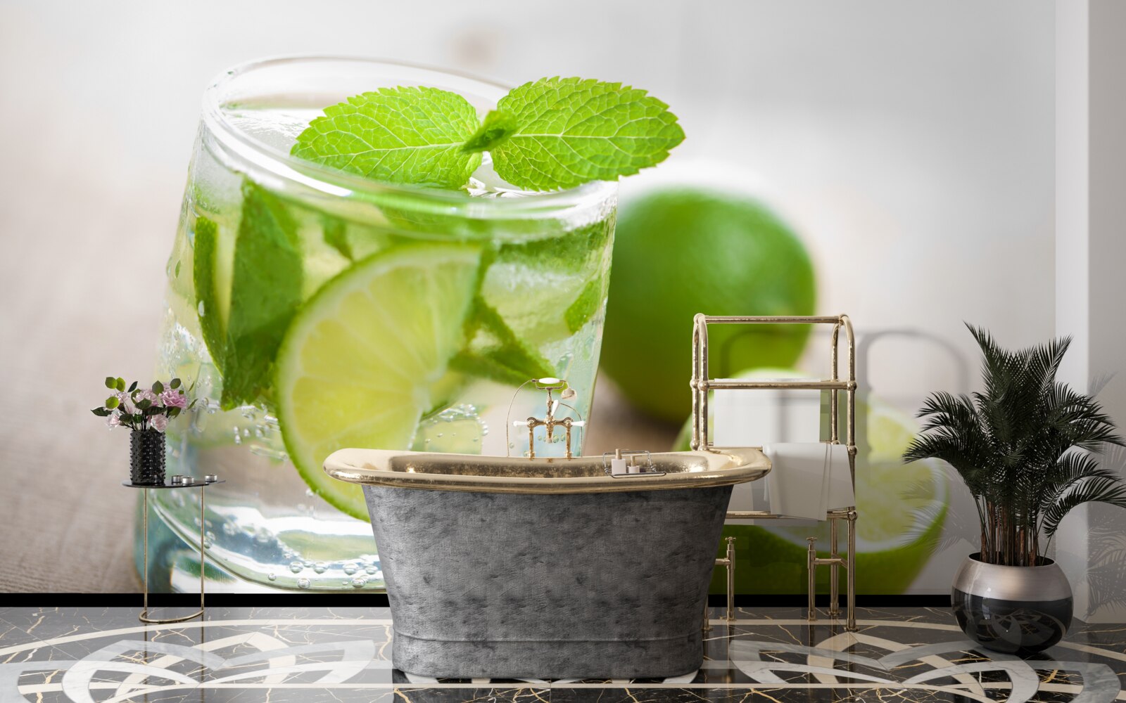 Fotobehang glas water met limoen en munt
