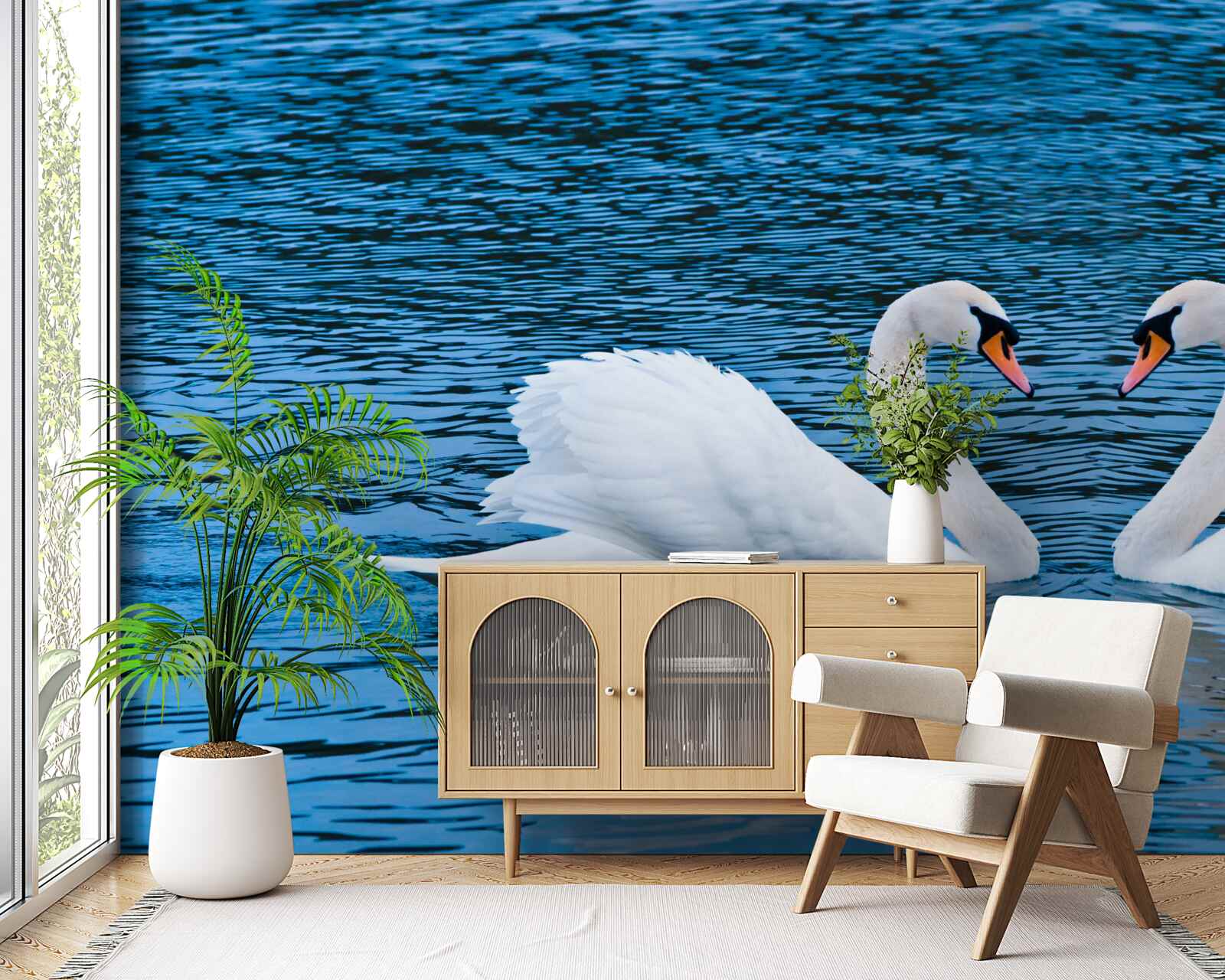 Fotobehang een zwanenpaar op het wateroppervlak creëert een idyllisch familieplaatje