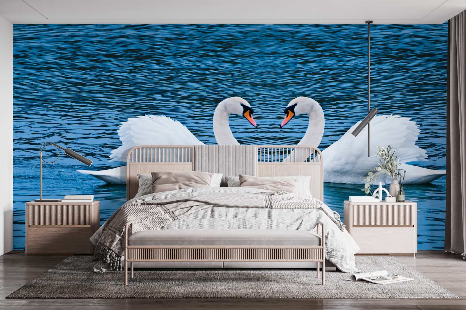 Fotobehang een zwanenpaar op het wateroppervlak creëert een idyllisch familieplaatje