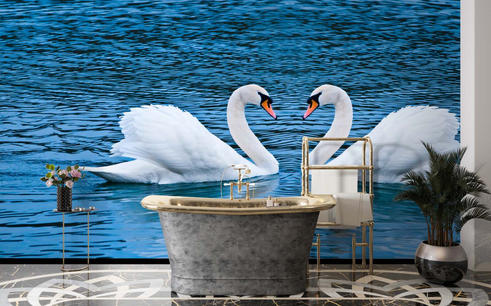 Fotobehang een zwanenpaar op het wateroppervlak creëert een idyllisch familieplaatje