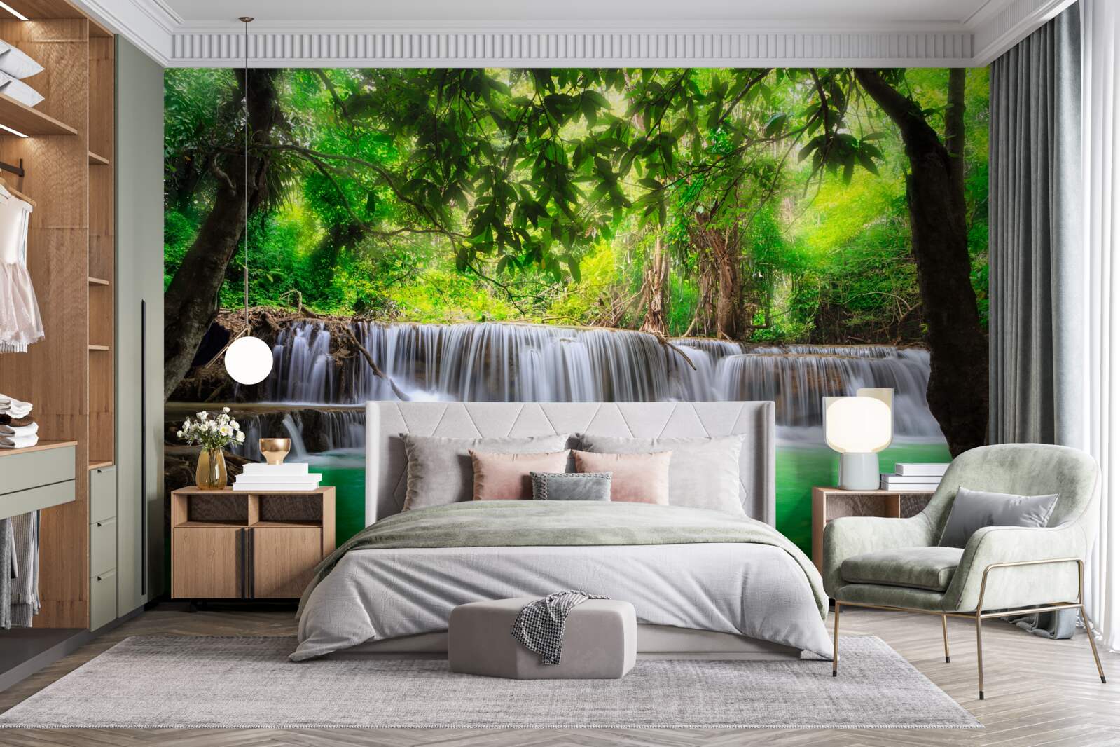 Fotobehang boswaterval voedt zijn water met smaragdgroene kleur