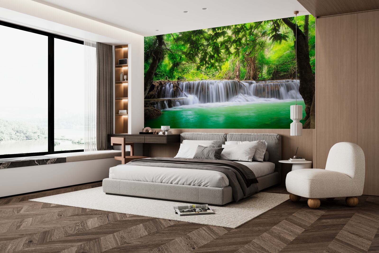 Fotobehang boswaterval voedt zijn water met smaragdgroene kleur