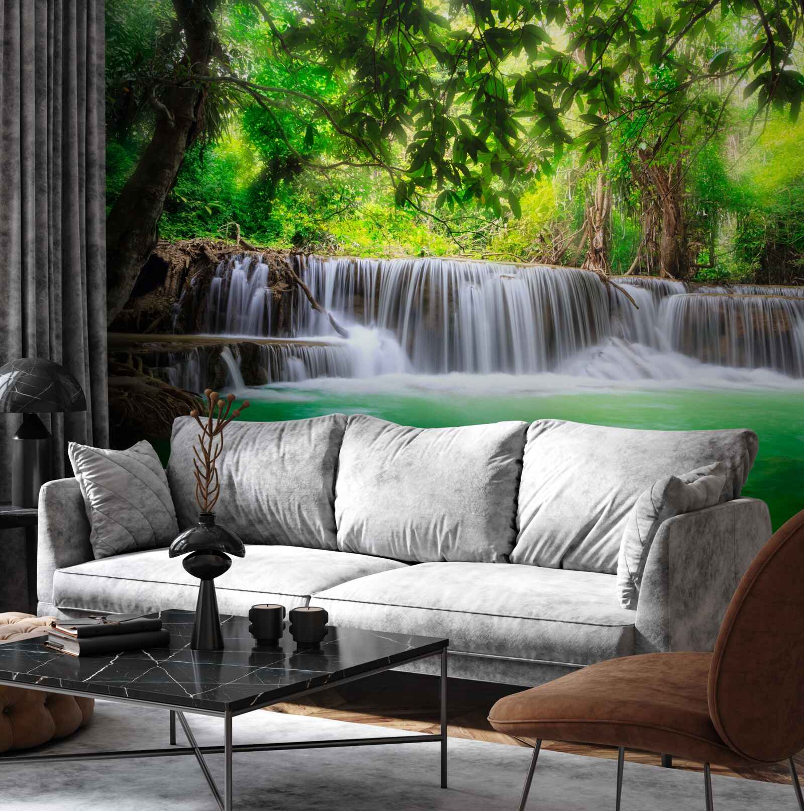 Fotobehang boswaterval voedt zijn water met smaragdgroene kleur