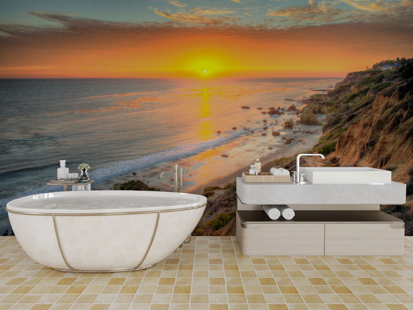 Fotobehang de zon die ondergaat in de oceaan bij zonsondergang