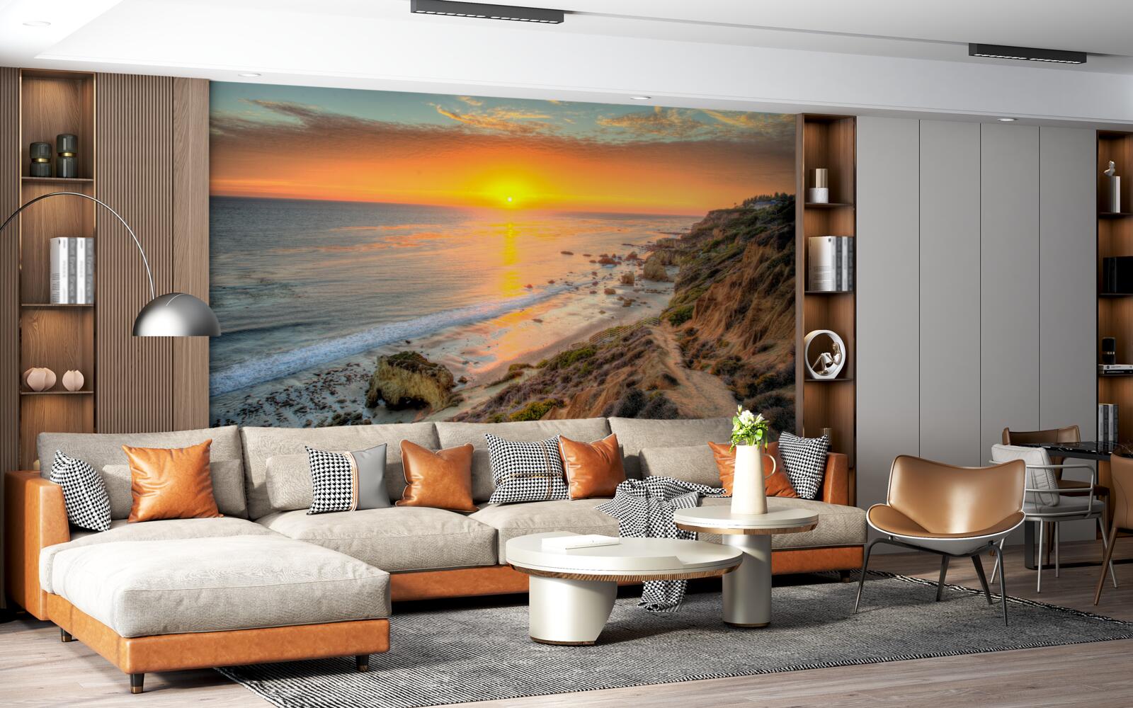 Fotobehang de zon die ondergaat in de oceaan bij zonsondergang