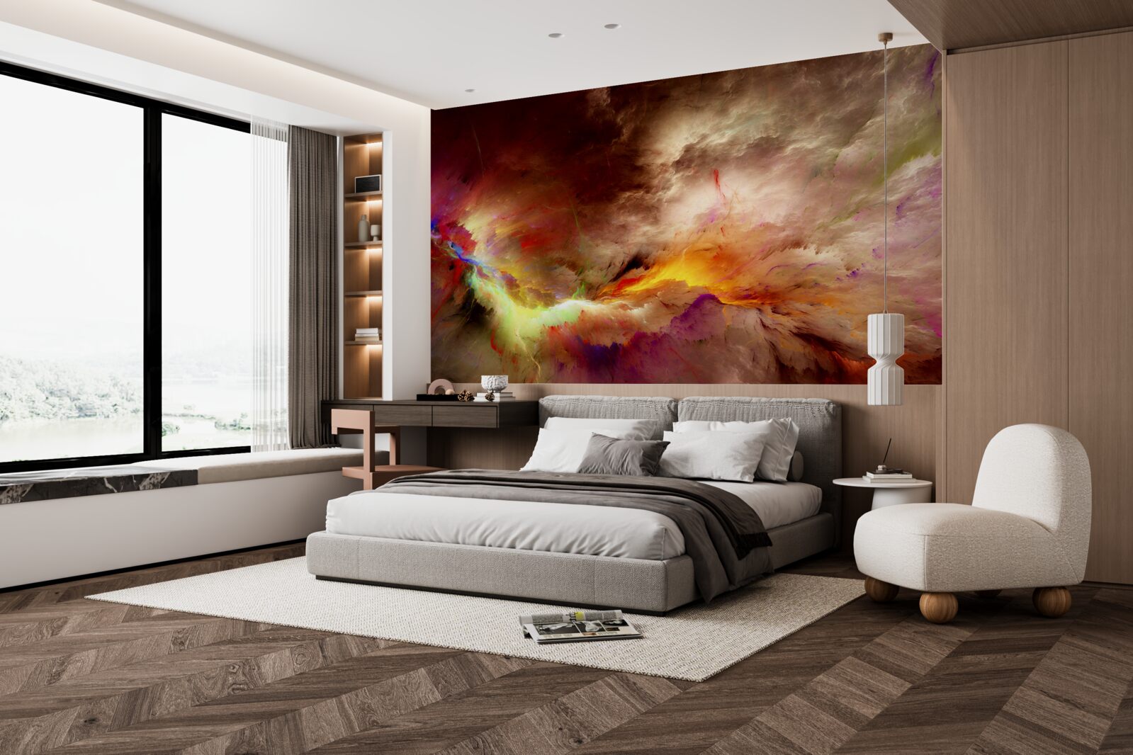 Fotobehang een onweersbui barst los in de woestijn tijdens een onweersbui