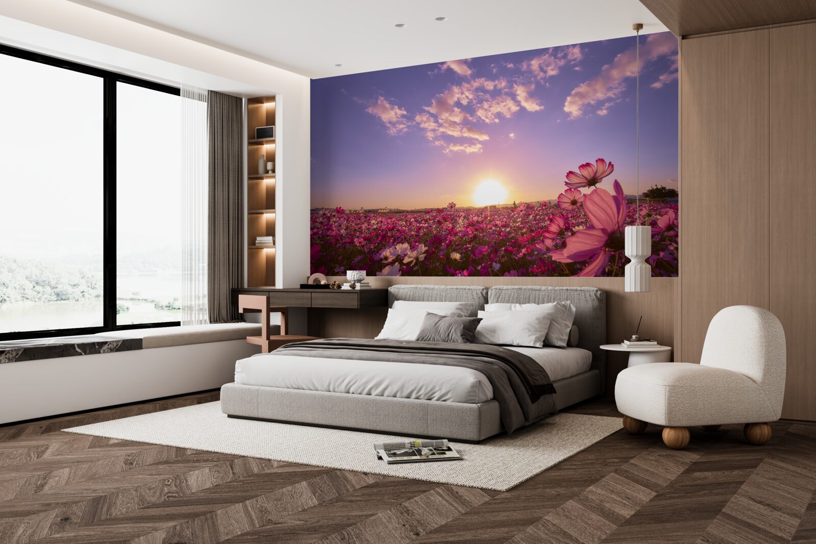 Fotobehang Dageraad boven een veld vol bloemen