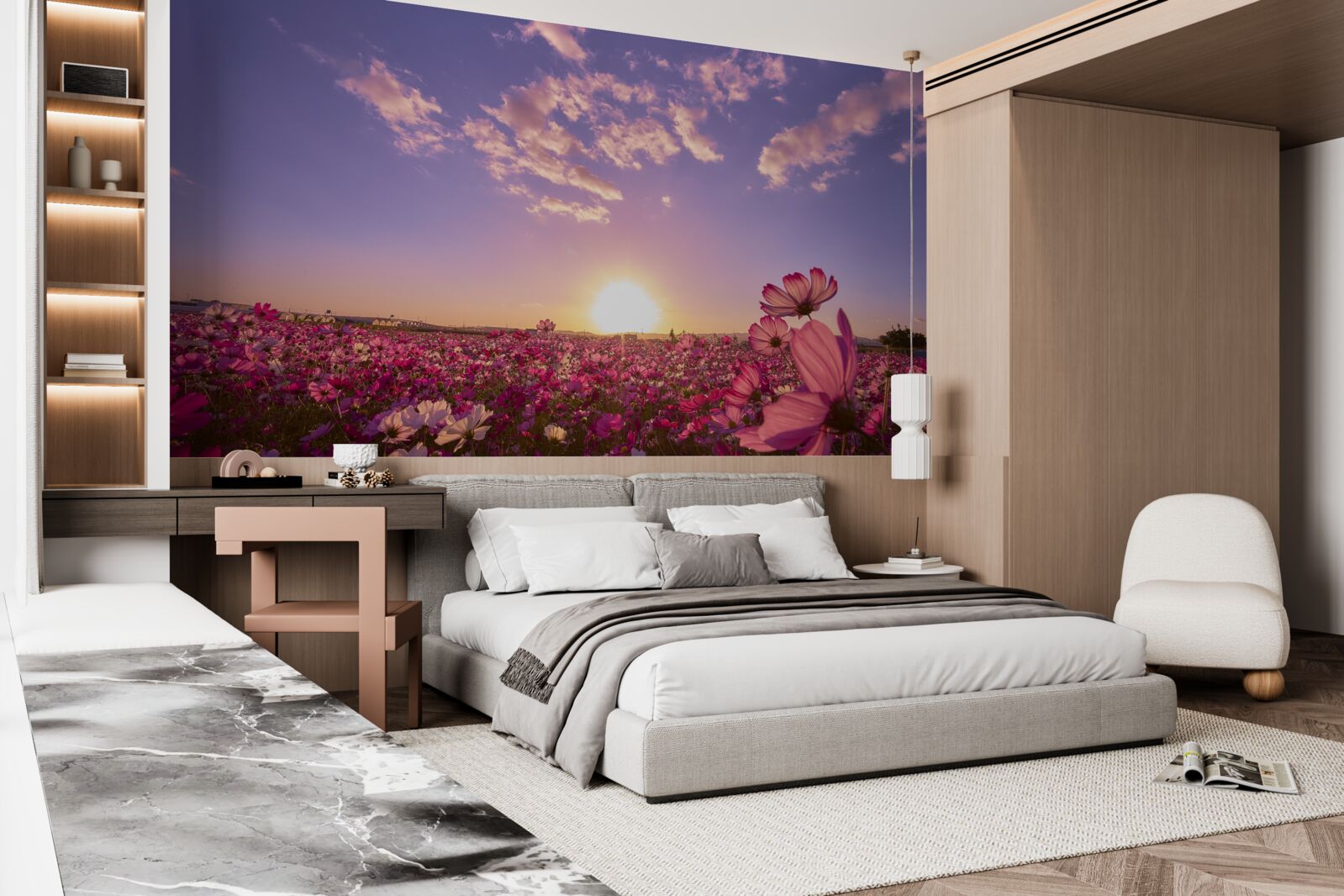 Fotobehang Dageraad boven een veld vol bloemen