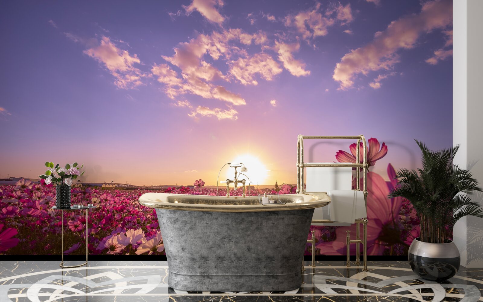 Fotobehang Dageraad boven een veld vol bloemen