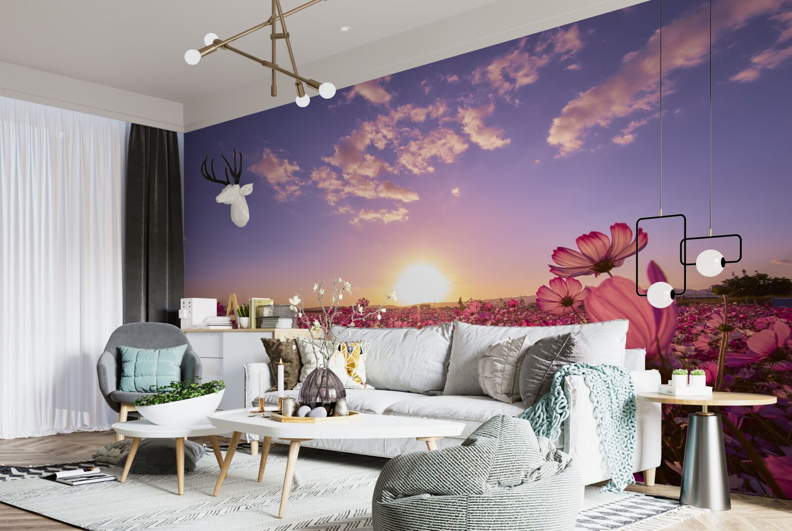 Fotobehang Dageraad boven een veld vol bloemen