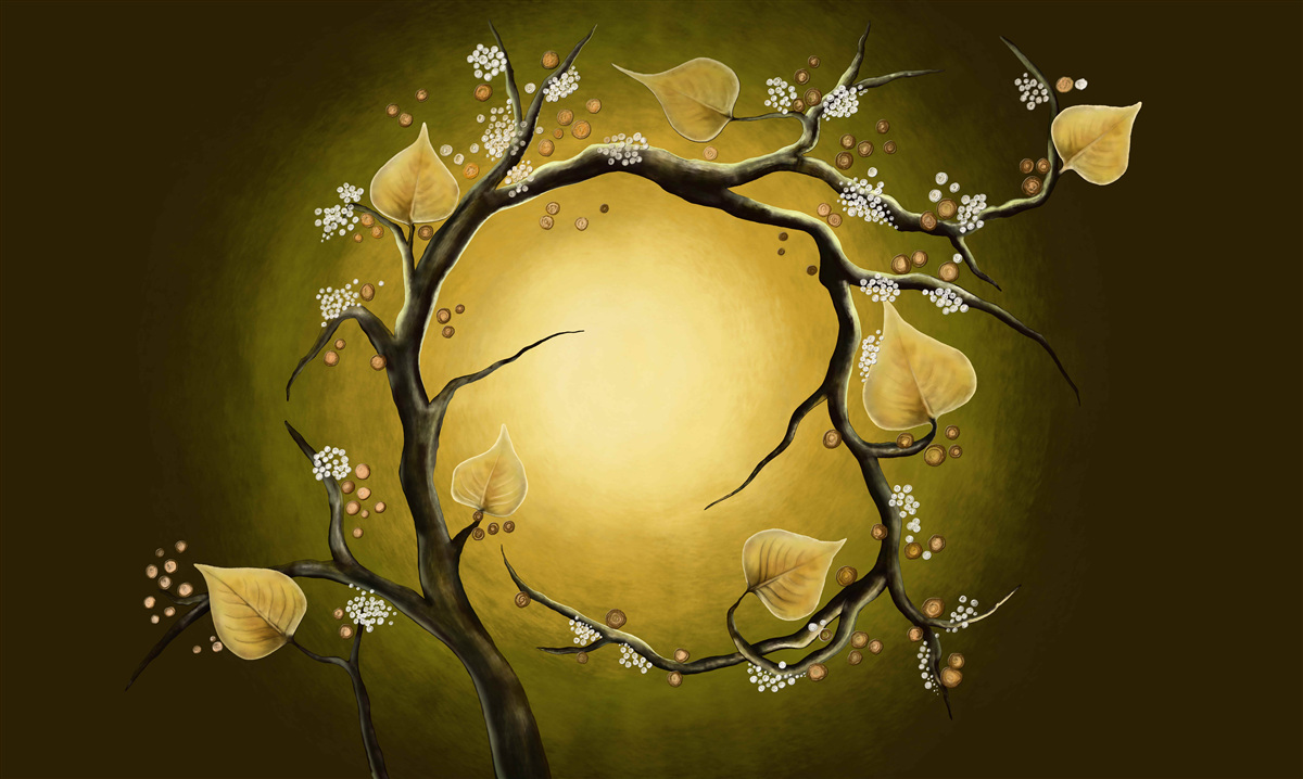 Fotobehang Gele magnolia in volle bloei tegen een achtergrond van zonlicht