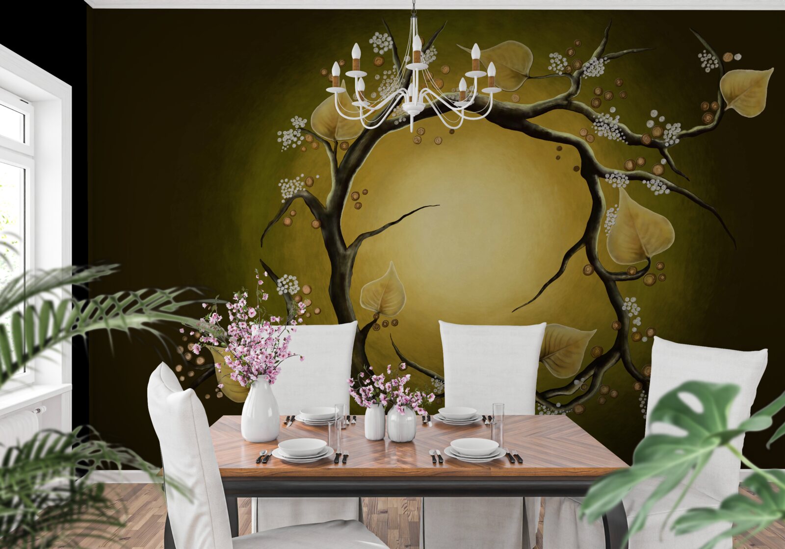 Fotobehang Gele magnolia in volle bloei tegen een achtergrond van zonlicht