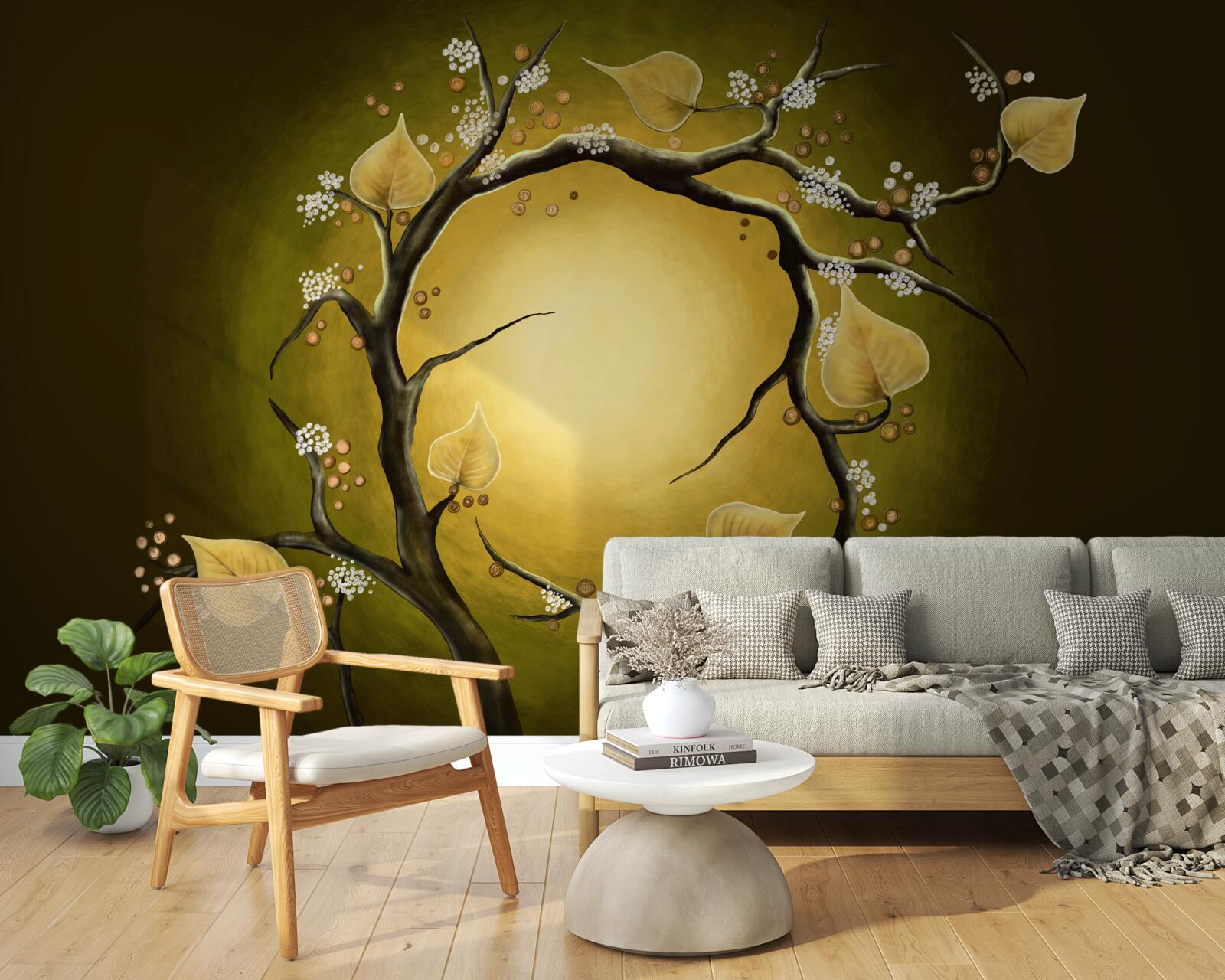 Fotobehang Gele magnolia in volle bloei tegen een achtergrond van zonlicht