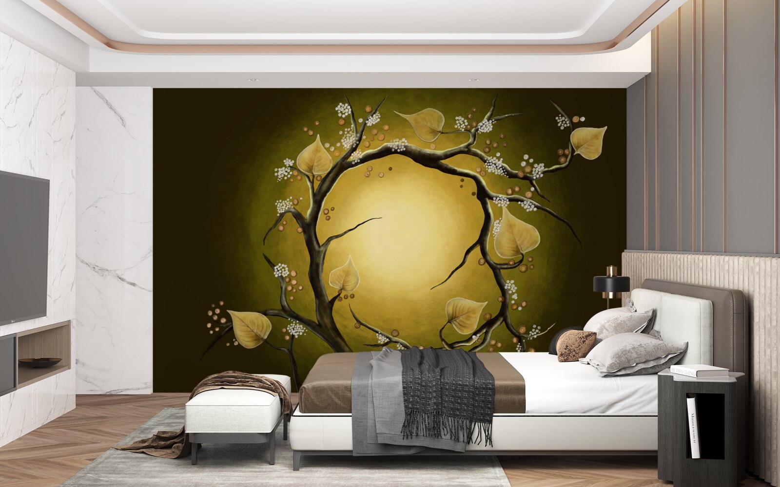 Fotobehang Gele magnolia in volle bloei tegen een achtergrond van zonlicht